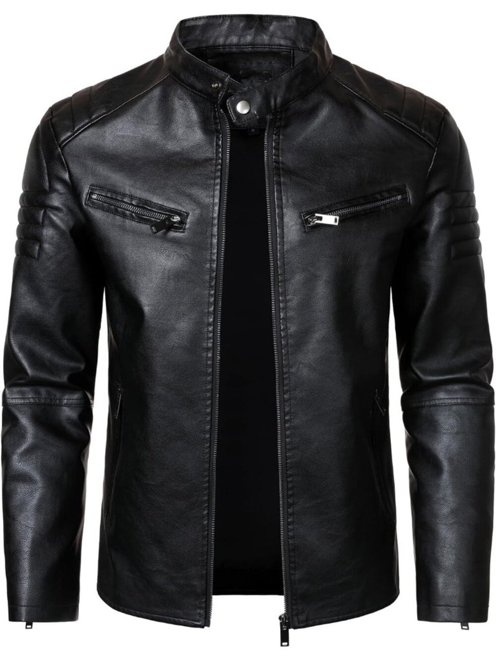 Men Black Leather Standup Collar Long Sleeve Cold Zip-up Pocket Weather Jacket